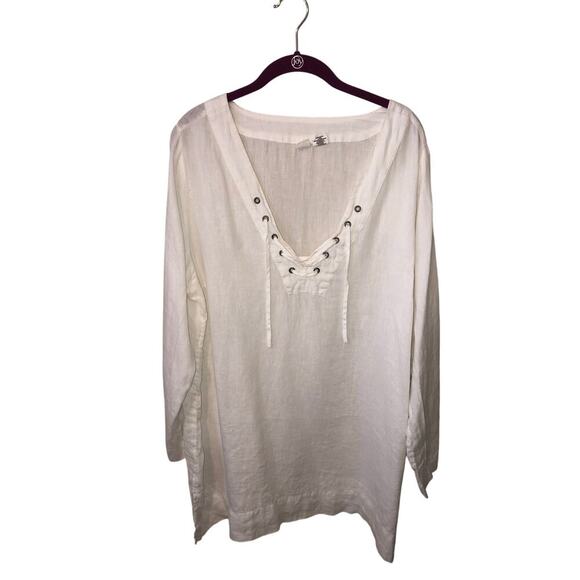 Artisan NY Linen Tunic Size 1X White Long Sleeve Grommet Lace Up Neckline Plus - Picture 1 of 8